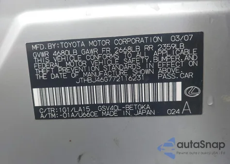 2007 Lexus Es 350 z USA, uszkodzony, nr VIN JTHBJ46G772116231